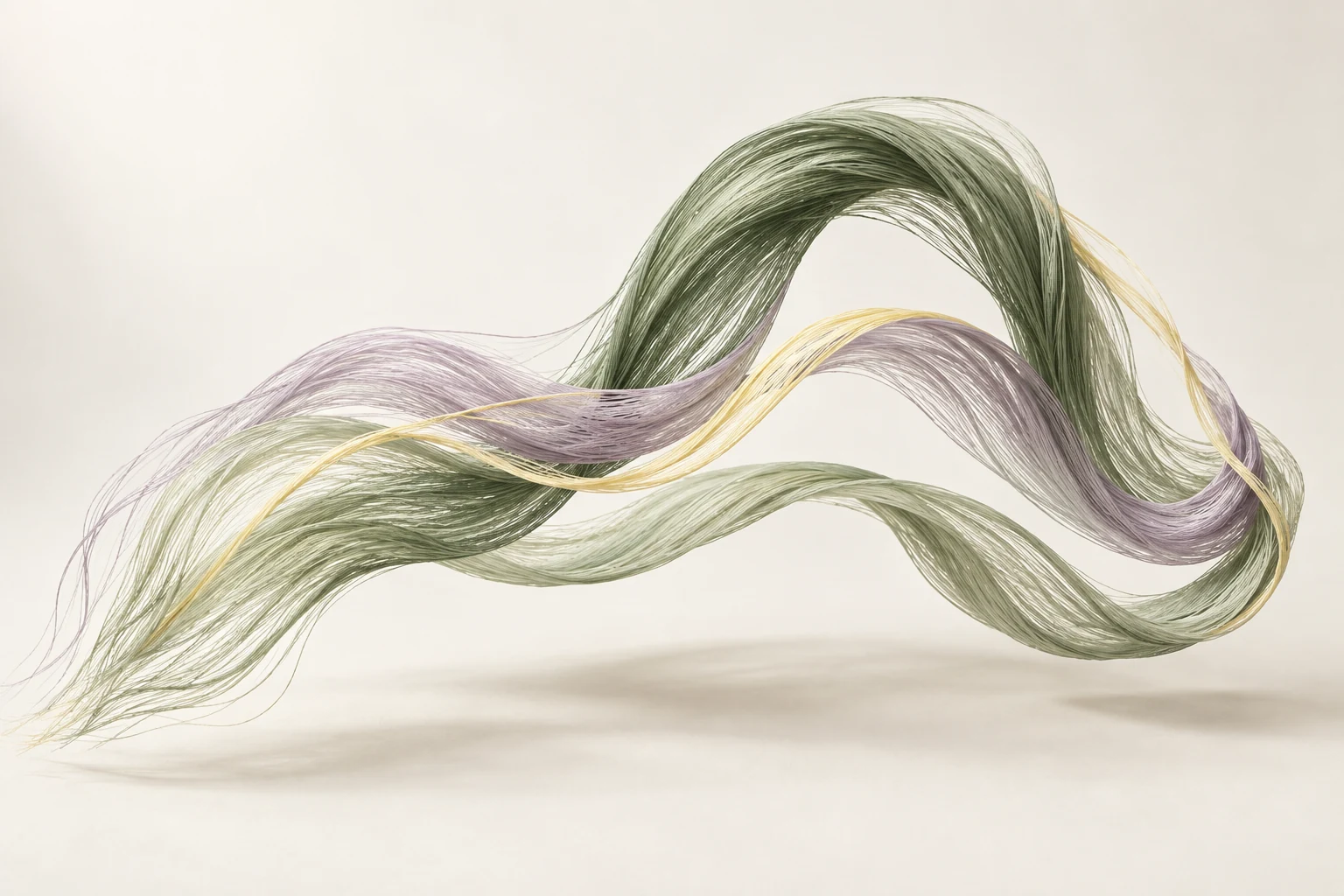 Fine sage, lilac, and golden threads flowing together into a suspended wave.